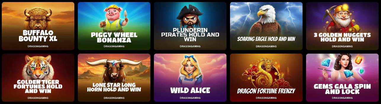 ShelbyWin Casino Hold & Win slot games including Buffalo Bounty XL, Piggy Wheel Bonanza, Golden Tiger Fortunes and 3 Golden Nuggets