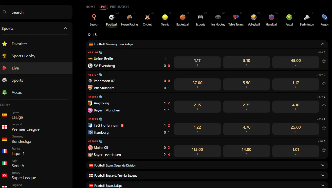 ShelbyWin Casino live sports betting section featuring Bundesliga football matches, real-time scores, betting odds and multiple sports categories