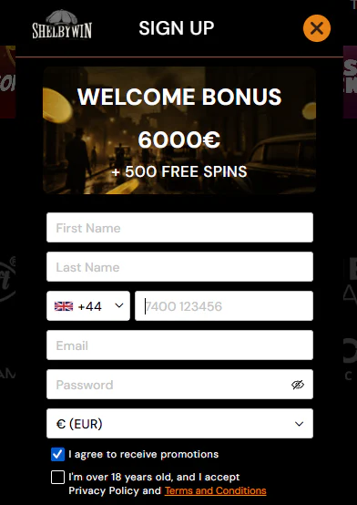 ShelbyWin Casino registration form featuring a €6,000 welcome bonus, 500 free spins, personal details fields and account currency selection